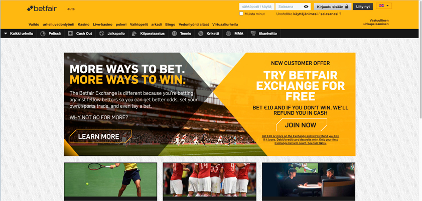 Kuvakaappaus Betfair Kotivisu