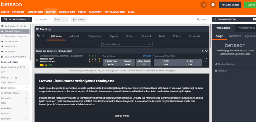 Kuvakaappaus Betsson Live Vedonlyonti