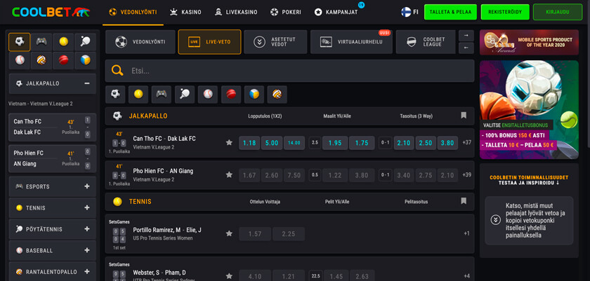 Kuvakaappaus Coolbet Live Vedonlyonti