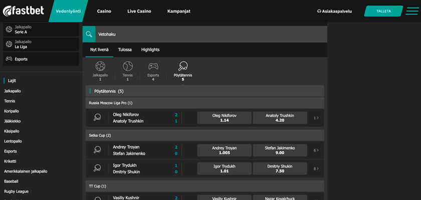 Kuvakaappaus Fastbet Live Vedonlyonti