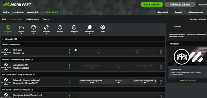 Kuvakaappaus Mobilebet Live Vedonlyonti