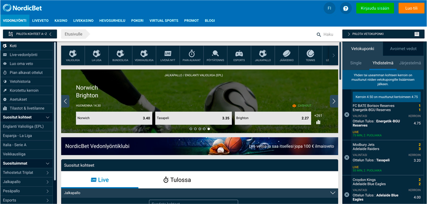 Kuvakaappaus NordicBet Kotivisu