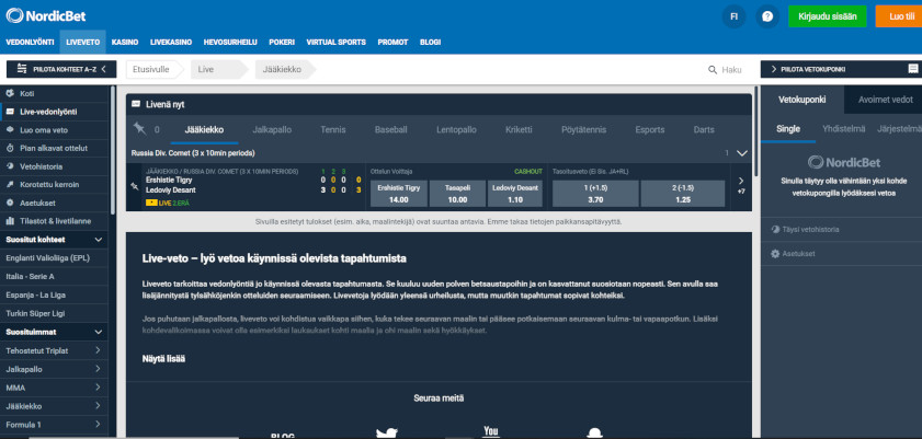 Kuvakaappaus NordicBet Live Vedonlyonti