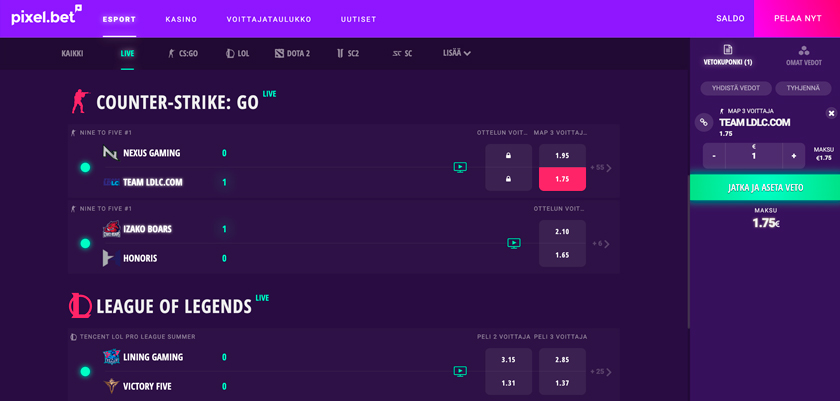 Kuvakaappaus PixelBet Live Vedonlyonti