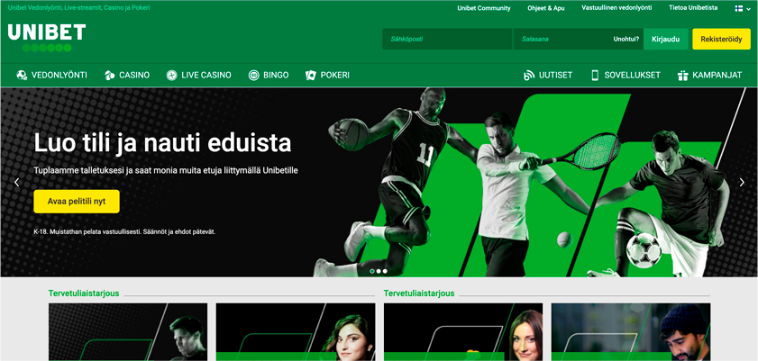 Kuvakaappaus Unibet Kotivisu